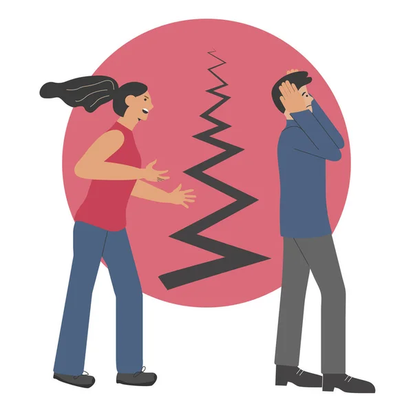 Una pelea entre un hombre y una mujer. La esposa le grita a su marido. Dividida en familia. Ilustración vectorial — Vector de stock