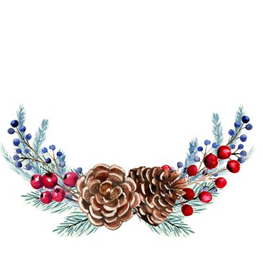 Böğürtlenli, köknar kozalaklı, köknar dallı kış suluboya bileşimi. El çizimi Noel illüstrasyonu. Davetiyeler, tebrik kartları, baskılar, posterler, reklamlar için.