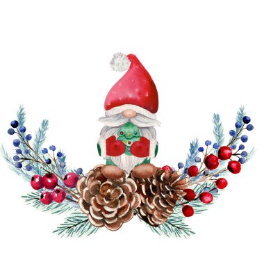 Noel cüceleri, böğürtlenler, köknar kozalakları ve köknar dallarıyla kış suluboya kompozisyonu. El çizimi Noel illüstrasyonu. Davetiyeler, tebrik kartları, baskılar, posterler, reklamlar için.