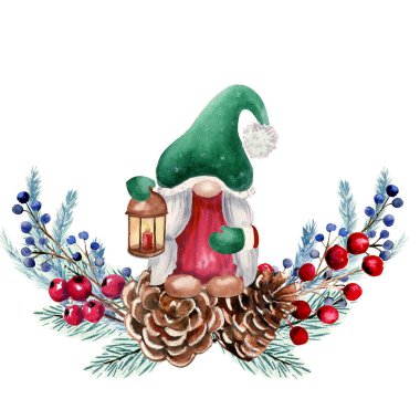 Noel cüceleri, böğürtlenler, köknar kozalakları ve köknar dallarıyla kış suluboya kompozisyonu. El çizimi Noel illüstrasyonu. Davetiyeler, tebrik kartları, baskılar, posterler, reklamlar için.