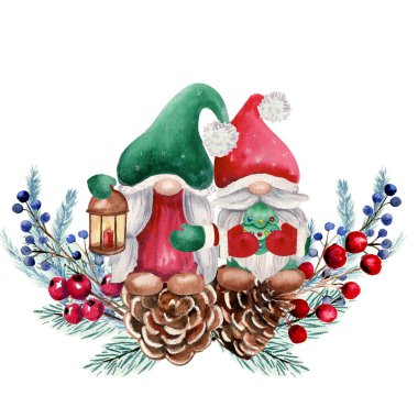 Noel cüceleri, böğürtlenler, köknar kozalakları ve köknar dallarıyla kış suluboya kompozisyonu. El çizimi Noel illüstrasyonu. Davetiyeler, tebrik kartları, baskılar, posterler, reklamlar için.