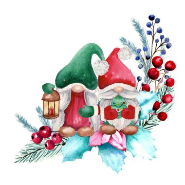 Noel cüceleri, böğürtlenler, köknar kozalakları ve köknar dallarıyla kış suluboya kompozisyonu. El çizimi Noel illüstrasyonu. Davetiyeler, tebrik kartları, baskılar, posterler, reklamlar için.