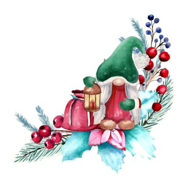 Noel cüceleri, böğürtlenler, köknar kozalakları ve köknar dallarıyla kış suluboya kompozisyonu. El çizimi Noel illüstrasyonu. Davetiyeler, tebrik kartları, baskılar, posterler, reklamlar için.