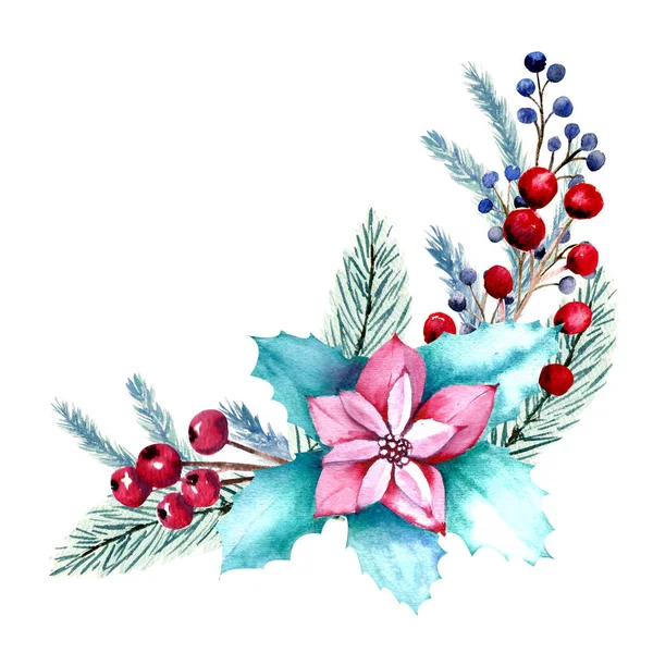 Puantiyeli, böğürtlenli, köknar dallı kış suluboya kompozisyonu. El çizimi Noel illüstrasyonu. Davetiyeler, tebrik kartları, baskılar, posterler, reklamlar için.