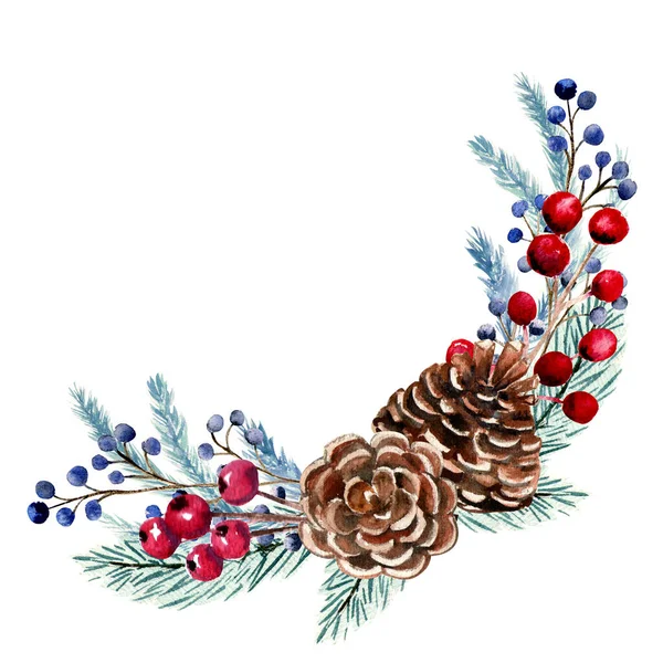 Böğürtlenli, köknar kozalaklı, köknar dallı kış suluboya bileşimi. El çizimi Noel illüstrasyonu. Davetiyeler, tebrik kartları, baskılar, posterler, reklamlar için.