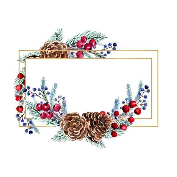 Winter-Aquarell rechteckiger Rahmen mit Beeren, Tannenzapfen, Tannenzweigen. Handgezeichnete Weihnachtsillustration. Für Einladungen, Grußkarten, Drucke, Poster, Werbung — Stockfoto