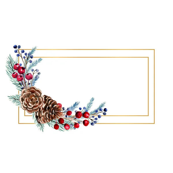 Böğürtlenli, köknar kozalaklı, köknar dallı kış suluboya çerçeve. El çizimi Noel illüstrasyonu. Davetiyeler, tebrik kartları, baskılar, posterler, reklamlar için.