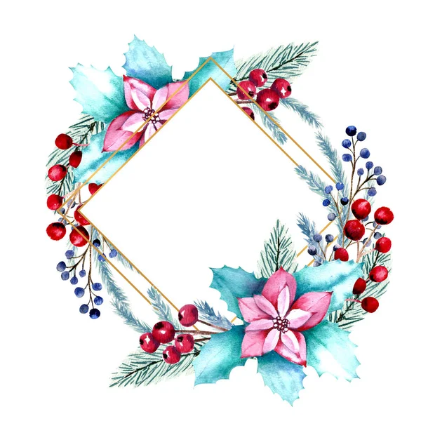 Aquarelle d'hiver cadre en forme de diamant avec des baies, fleurs de poinsettia, branches de sapin. Illustration de Noël dessinée à la main. Pour les invitations, cartes de vœux, impressions, affiches, publicité — Photo