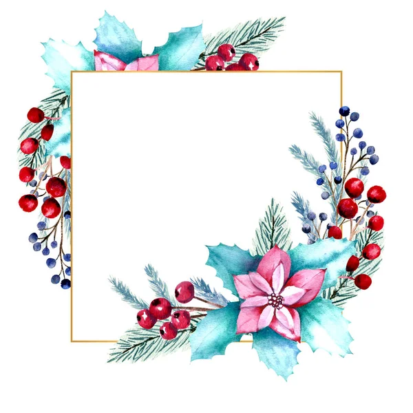 Winter watercolor square frame with berries, poinsettia flowers, fir branches. Hand-drawn Christmas illustration. For invitations, greeting cards, prints, posters, advertising — Stock Photo, Image