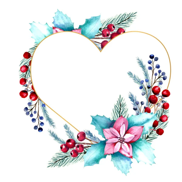 Winter watercolor heart-shaped frame with berries, poinsettia flowers, fir branches. Hand-drawn Christmas illustration. For invitations, greeting cards, prints, posters, advertising — Stock Photo, Image