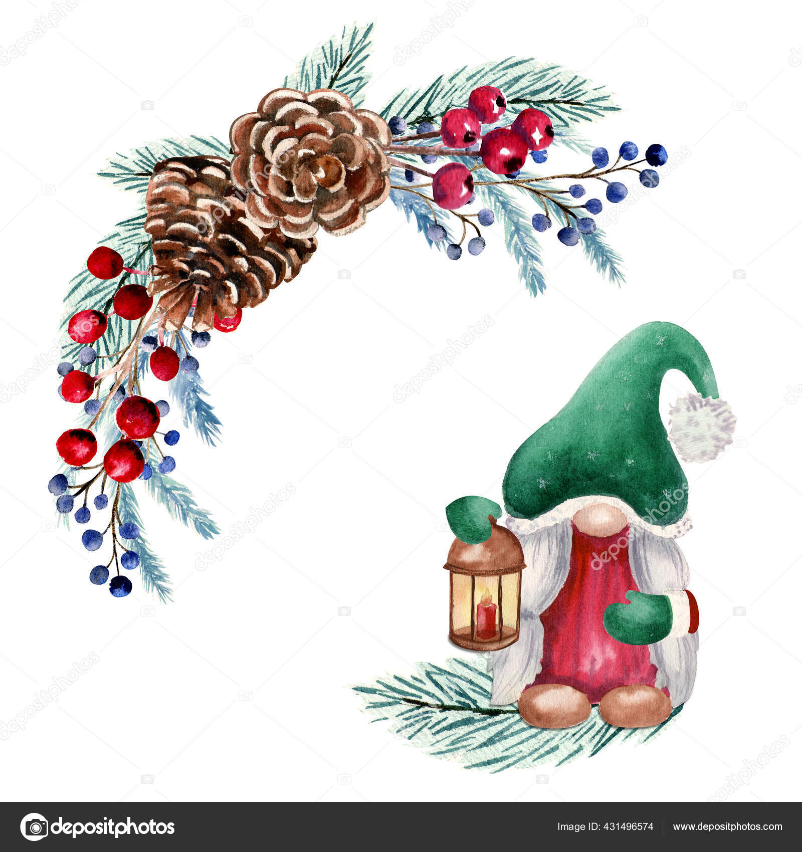 クリスマスのノーム、ベリー、モミのコーン、モミの枝を持つ冬の水彩ラウンドフレーム。手描きのクリスマスイラスト。招待状、グリーティングカード、プリント、ポスター、広告の場合—  ストックイラストレーション by © Natika_art #431496574, image size:1600x1700