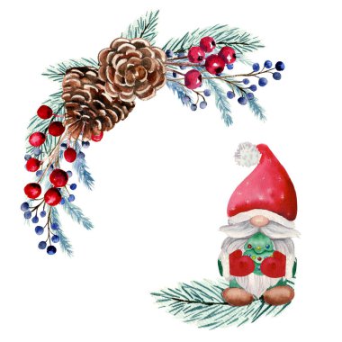 Kış suluboya çerçeveli Noel cücesi, böğürtlen, köknar kozalağı, köknar dalları. El çizimi Noel illüstrasyonu. Davetiyeler, tebrik kartları, baskılar, posterler, reklamlar için.