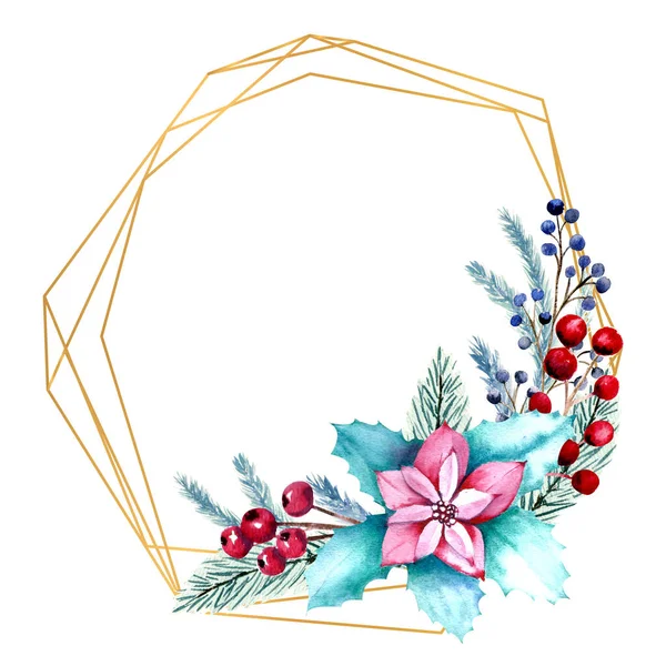 Зимова акварельна багатокутна рамка з ягодами, квітами пуансетії, ялиновими гілками. Різдвяна ілюстрація. Для запрошень, вітальних листівок, принтів, плакатів, реклами — стокове фото