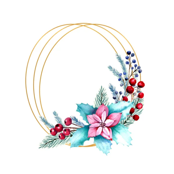 Moldura oval aquarela de inverno com bagas, flores poinsettia, ramos de abeto. Ilustração de Natal desenhada à mão. Para convites, cartões, estampas, cartazes, publicidade — Fotografia de Stock