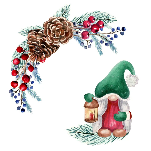 Kış suluboya çerçeveli Noel cücesi, böğürtlen, köknar kozalağı, köknar dalları. El çizimi Noel illüstrasyonu. Davetiyeler, tebrik kartları, baskılar, posterler, reklamlar için.