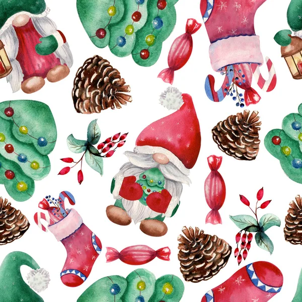 Padrão sem costura aquarela de inverno com gnomo, abeto, cones de abeto, meia de presente. ilustração de Natal desenhado à mão — Fotografia de Stock