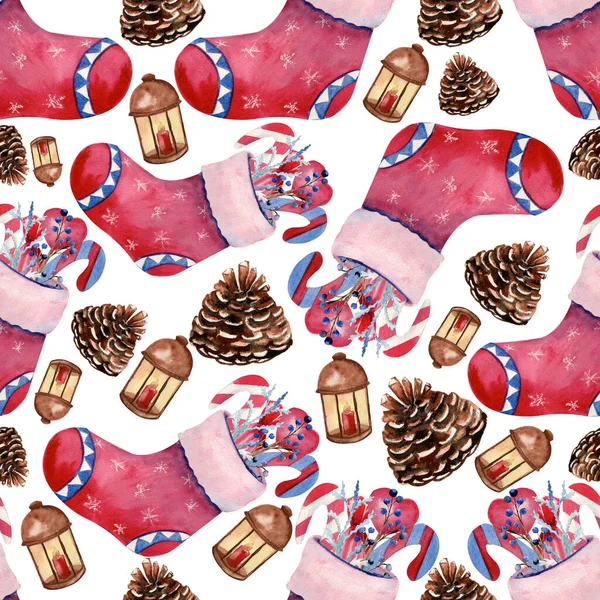 Zimowy akwarela bezszwowy wzór ze świerkiem, szyszki jodły, latarnie, skarpeta prezent z cukierkami. Ręcznie rysowane ilustracje świąteczne — Zdjęcie stockowe