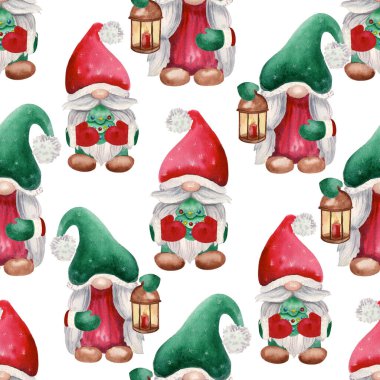 Kış suluboya ve cüce desenleri. El çizimi Noel illüstrasyonu