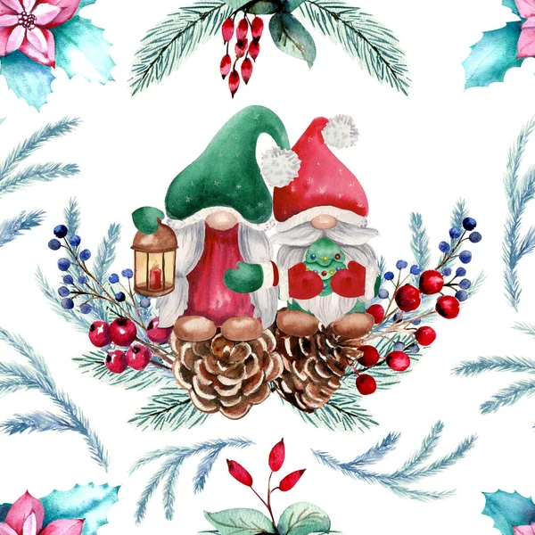 ノーム、モミの枝、果実、モミのコーンと冬の水彩シームレスパターン。手描きのクリスマスイラスト — ストック写真