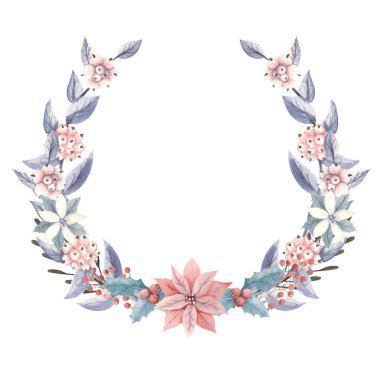 Kırmızı ve beyaz çiçekli kış çelengi, böğürtlen, kar gibi keskin yüzlü ve dekoratif dallar. Suluboya çizimi