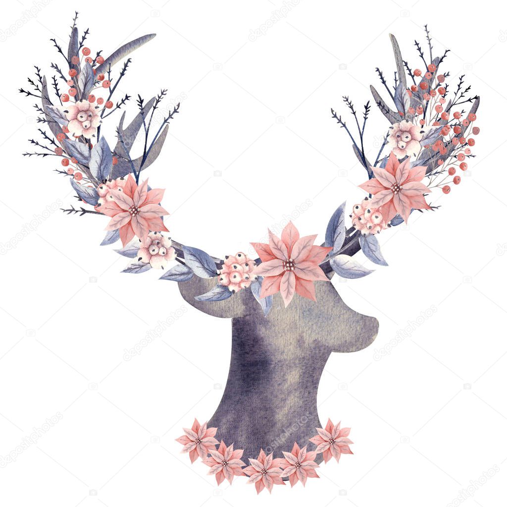 Deer antlers decorated with flowers, berries, sprigs of snow-like. Watercolor illustration