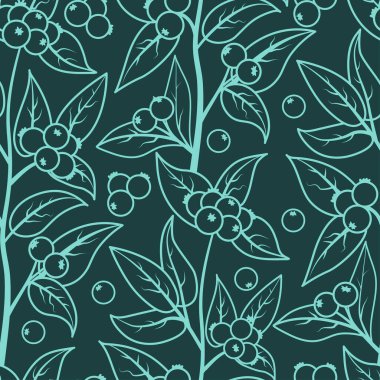 Böğürtlen yaprakları ve böğürtlenlerle kusursuz desen. Karalama. Koyu yeşil arka planda açık yeşil bir çizginin vektör illüstrasyonu