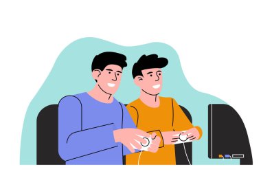 İki arkadaş monitörün önünde oturmuş oyun oynuyorlar. Vektör illüstrasyonu