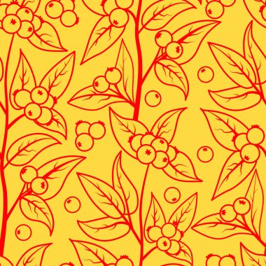 Böğürtlen yaprakları ve böğürtlenlerle kusursuz desen. Karalama. Sarı arkaplandaki kırmızı çizginin vektör çizimi.