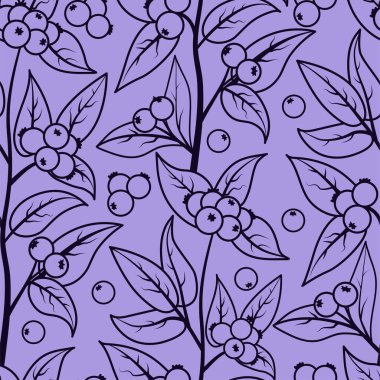 Böğürtlen ve böğürtlen yapraklarıyla kusursuz desen. Leylak arkaplanındaki koyu bir çizginin vektör illüstrasyonu