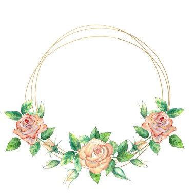 Çiçeklerle süslenmiş altın geometrik çerçeve. Şeftali gülleri, yeşil yapraklar, açık ve kapalı çiçekler. Suluboya çizimi