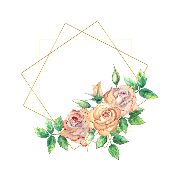 Moldura geométrica dourada decorada com flores. Rosas pêssego, folhas verdes, flores abertas e fechadas. Ilustração aquarela — Fotografia de Stock