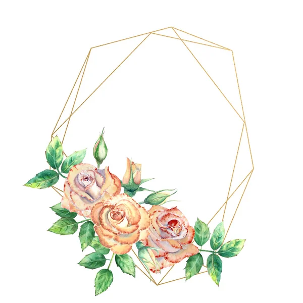 Goldener geometrischer Rahmen mit Blumen verziert. Pfirsichrosen, grüne Blätter, offene und geschlossene Blüten. Aquarellillustration — Stockfoto