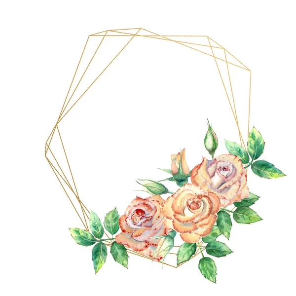 Goldener geometrischer Rahmen mit Blumen verziert. Pfirsichrosen, grüne Blätter, offene und geschlossene Blüten. Aquarellillustration — Stockfoto