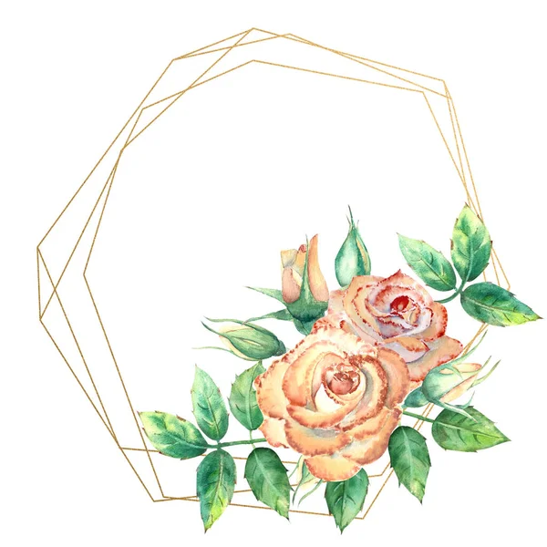 Cadre géométrique doré orné de fleurs. Roses pêche, feuilles vertes, fleurs ouvertes et fermées. Illustration aquarelle — Photo