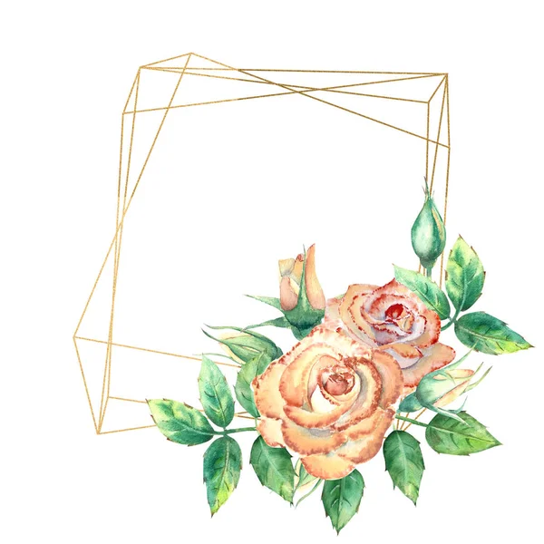 花で飾られた金の幾何学的なフレーム。桃のバラ、緑の葉、開いて閉じた花。水彩画 — ストック写真