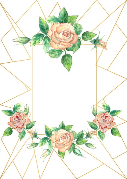 Çiçeklerle süslenmiş altın geometrik çerçeve. Şeftali gülleri, yeşil yapraklar, açık ve kapalı çiçekler. Suluboya çizimi — Stok fotoğraf