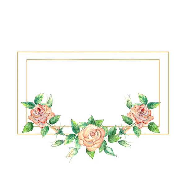 Χρυσό γεωμετρικό πλαίσιο διακοσμημένο με λουλούδια. Ροδακινιές, πράσινα φύλλα, ανοιχτά και κλειστά λουλούδια. Εικονογράφηση υδατογραφίας — Φωτογραφία Αρχείου