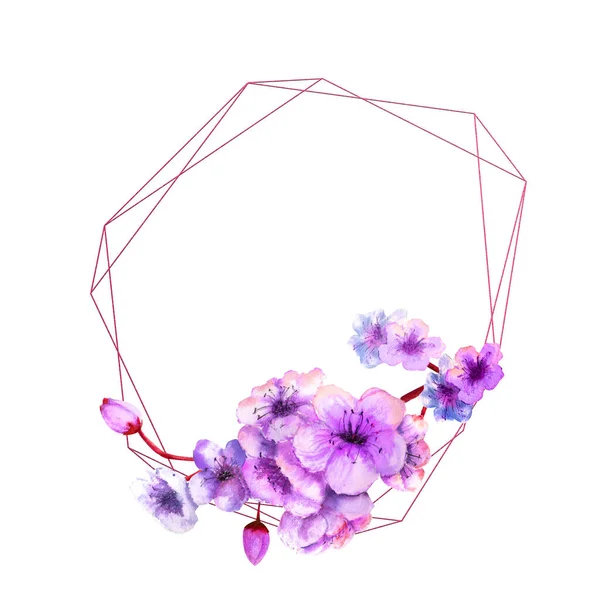 Kirschblüte, Kirschblütenzweig mit leuchtend lila Blüten auf einem geometrischen Rahmen auf isoliertem weißem Hintergrund. Bild des Frühlings. Aquarellillustration. — Stockfoto