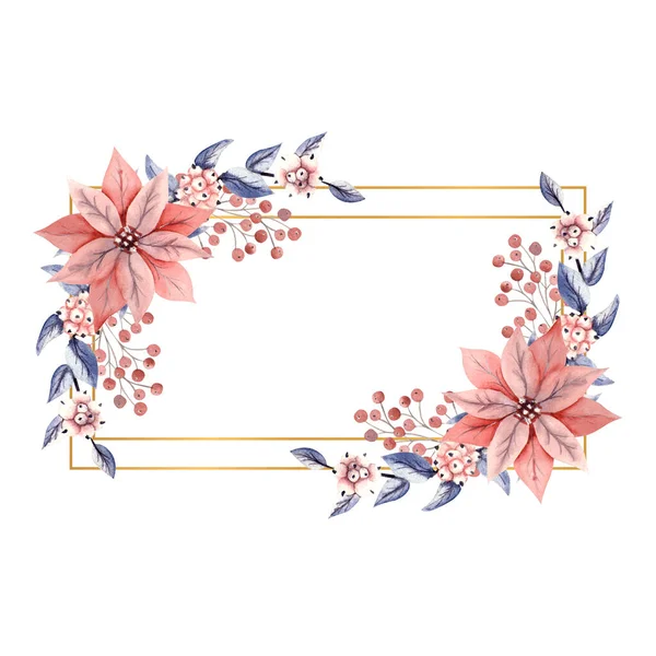Winteraquarel in een rechthoekig horizontaal frame met bessen twijgen en poinsettia bloemen. Handgetekende illustratie. Voor uitnodigingen, wenskaarten, prenten, affiches, reclame — Stockfoto