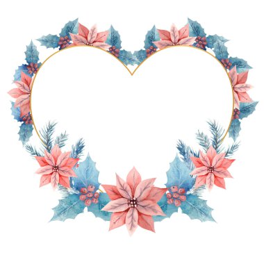 Altın kalp şeklinde bir çerçevede suluboya. İçinde Holly, böğürtlen ve poinsettia çiçekleri var. Elle çizilmiş illüstrasyon. Davetiyeler, tebrik kartları, baskılar, posterler, reklamlar için.