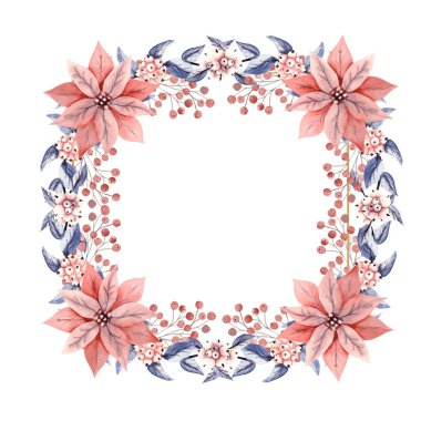 Altın kare çerçeveli, kar çileği çiçekleri ve puantiyeli kış suluboyası. Elle çizilmiş illüstrasyon. Davetiyeler, tebrik kartları, baskılar, posterler, reklamlar için.