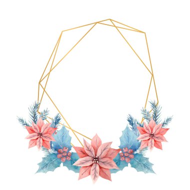 Altın çokgen çerçeveli kış suluboyası, Holly, böğürtlen ve poinsettia çiçekleri. Elle çizilmiş illüstrasyon. Davetiyeler, tebrik kartları, baskılar, posterler, reklamlar için.