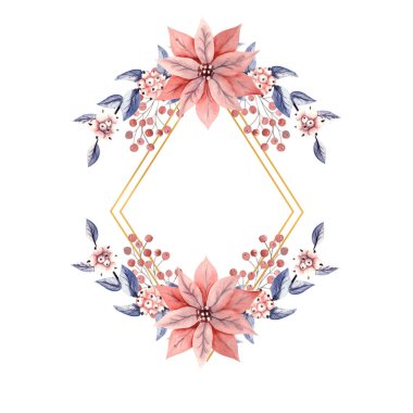 Elmas şeklinde bir çerçevede, kar çileği dalları ve Poinsettia çiçekleriyle suluboya. Elle çizilmiş illüstrasyon. Davetiyeler, tebrik kartları, baskılar, posterler, reklamlar için..