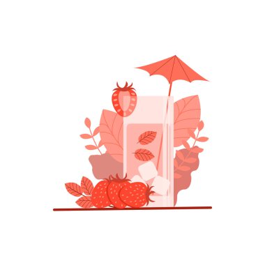 A cocktail glass with ice cubes, mint leaves and strawberries. Monochrome vector illustration