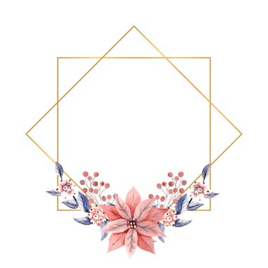 Altın çokgen çerçeveli kış suluboya kar böğürtlenleri ve poinsettia çiçekleri ile. Elle çizilmiş illüstrasyon. Davetiyeler, tebrik kartları, baskılar, posterler, reklamlar için.