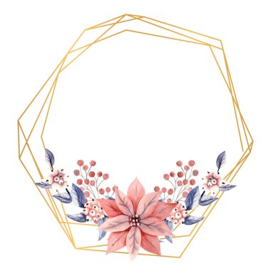 Altın çokgen çerçeveli kış suluboya kar böğürtlenleri ve poinsettia çiçekleri ile. Elle çizilmiş illüstrasyon. Davetiyeler, tebrik kartları, baskılar, posterler, reklamlar için.