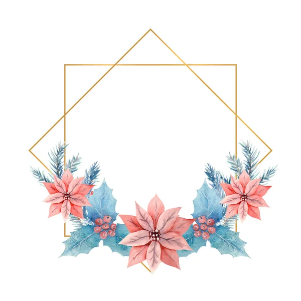 Aquarela de inverno em uma armação poligonal dourada com azevinho, bagas e flores poinsettia. Ilustração desenhada à mão. Para convites, cartões, estampas, cartazes, publicidade — Fotografia de Stock