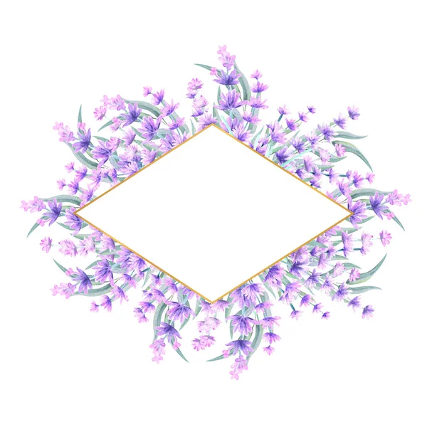 Flores de lavanda en un marco de oro en forma de diamante. Ilustración de acuarela dibujada a mano. Para invitaciones, tarjetas de felicitación, impresiones, carteles, publicidad — Foto de Stock
