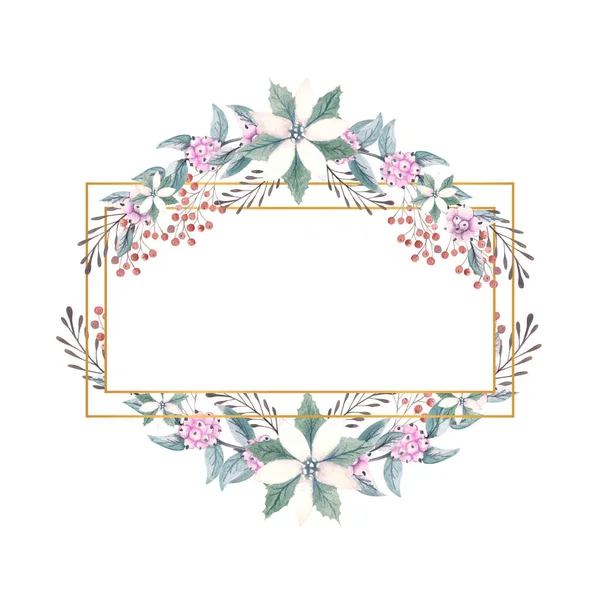 Winter watercolor in a gold rectangular frame with sprigs of snow berries and poinsettia flowers. 손으로 그린 삽화. 초대장, 인사장, 인쇄, 포스터, 광고 — 스톡 사진