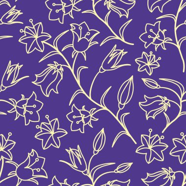 Çan renkleriyle kusursuz bir desen. Mor arkaplanda açık sarı bir çizgi var. Vektör illüstrasyonu